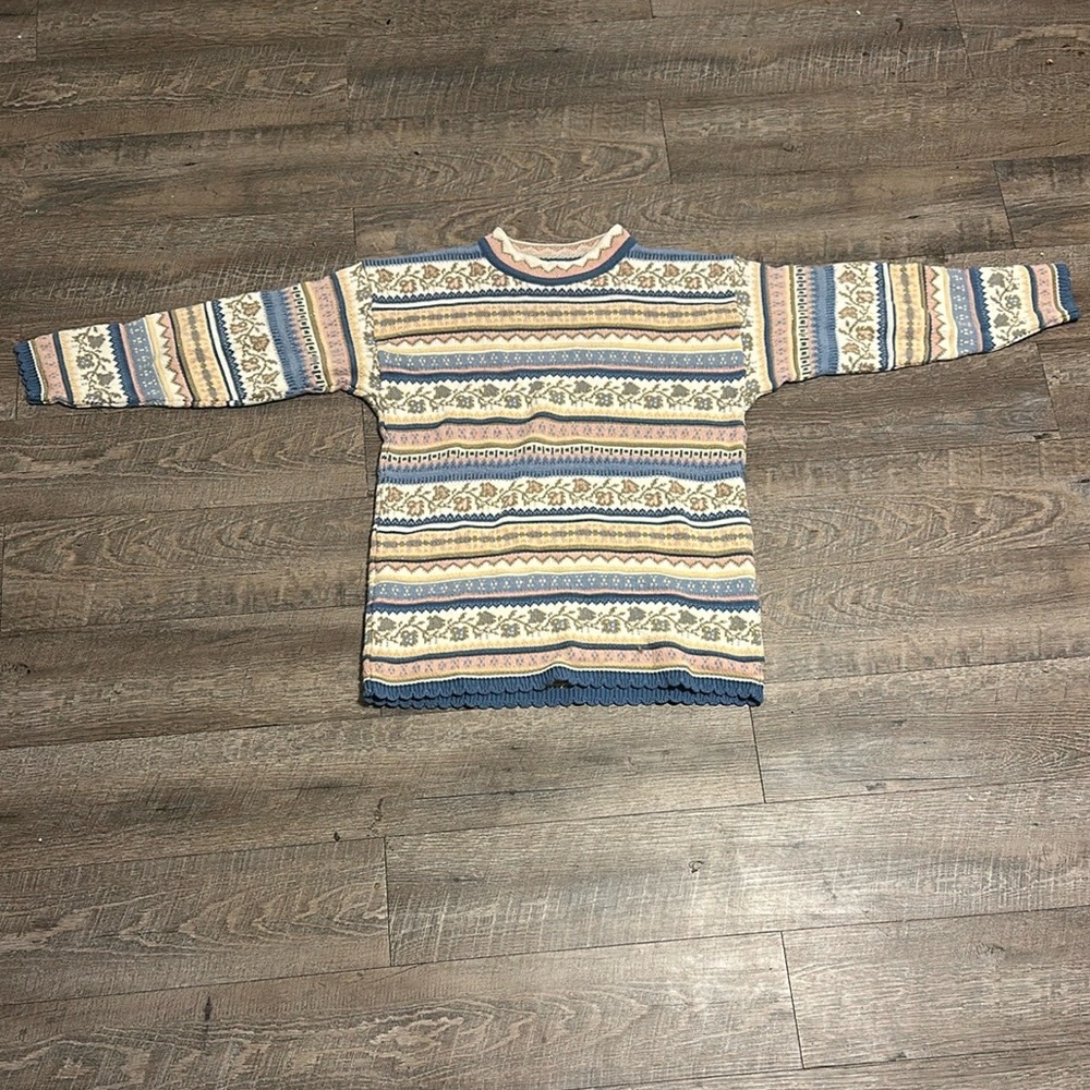 Jennifer Moore Blue and Cream Crewneck Sweater with Fair Isle Pattern